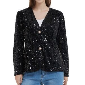 Black Sequin Button Down Blazer Formal Jacket